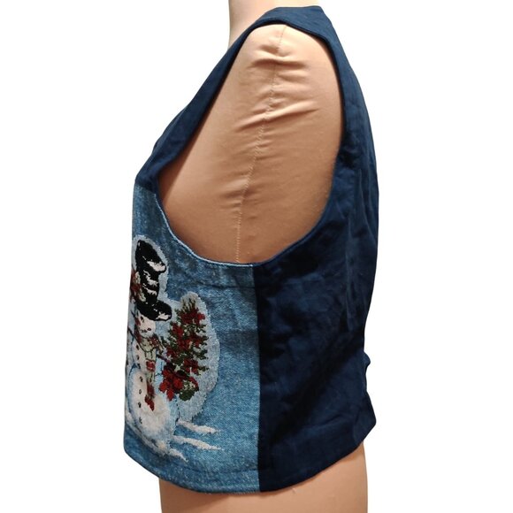 Karen Scott L womens vest vintage embroidered snowman denim Christmas retro - Picture 6 of 12